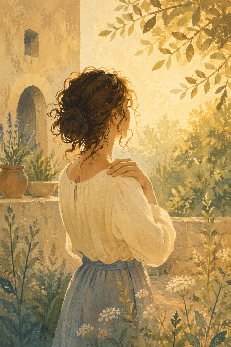 Confident Woman in Sunlit Garden Courtyard