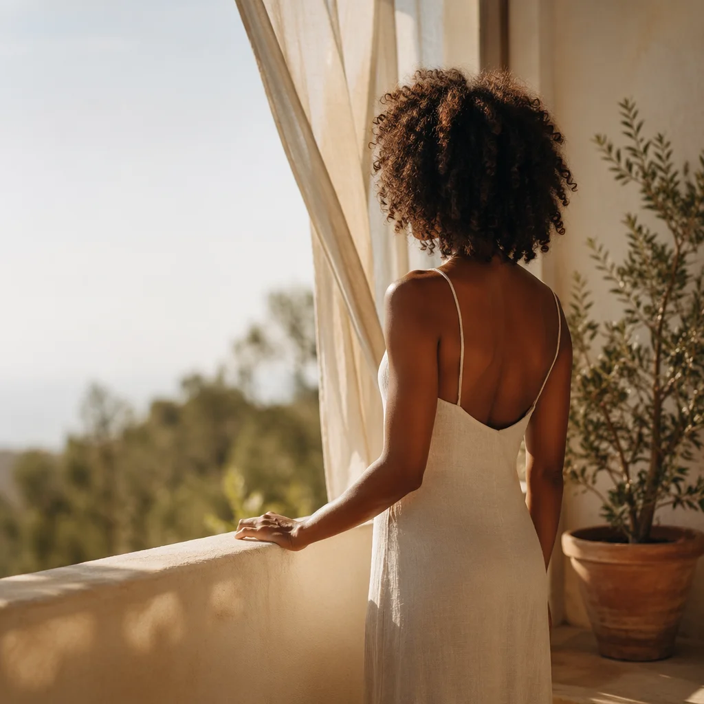 Confident Woman in Sunlit Balcony Portrait