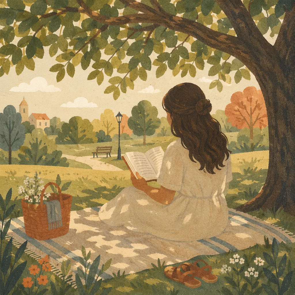 Woman Reading Under Summer Tree Shade