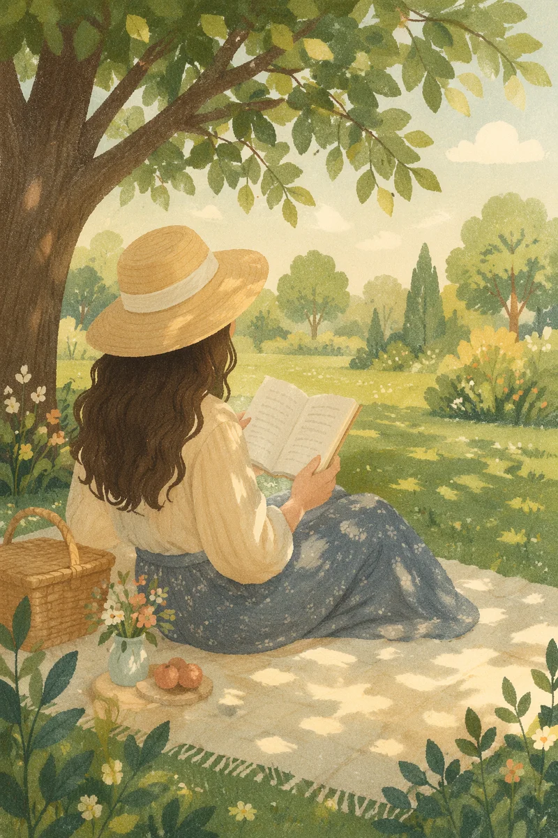 Woman Reading Under Tree Shade in Summer