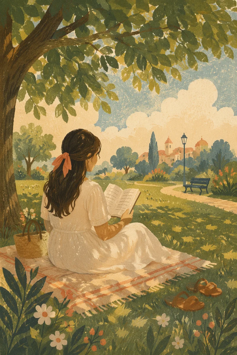 Woman Reading Under Summer Tree Shade
