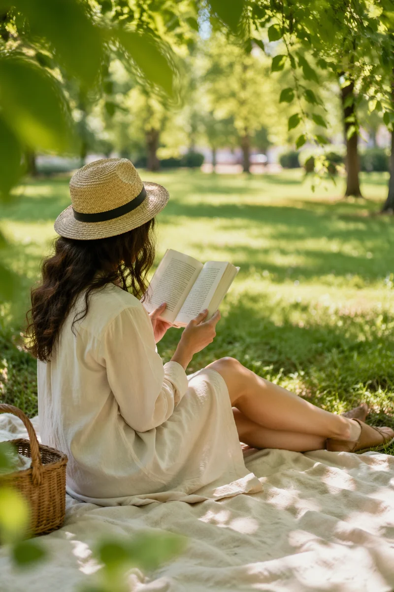 Woman Reading Under Tree Shade in Summer