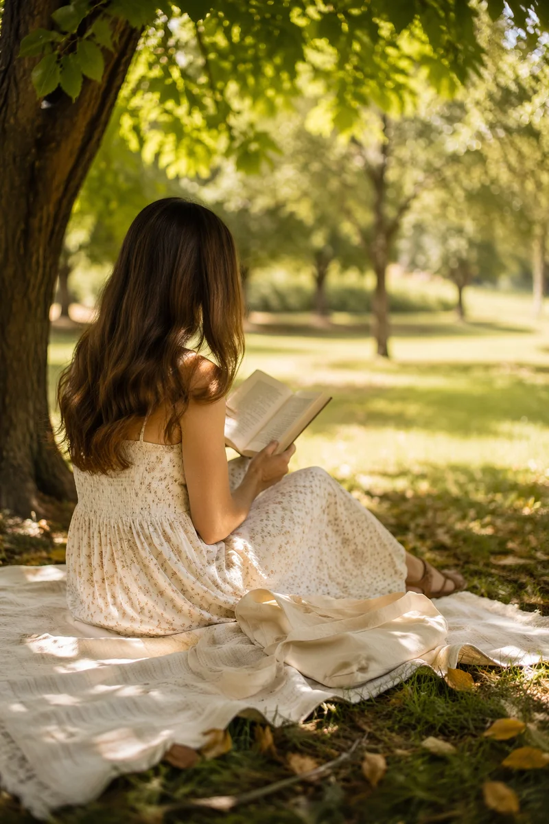 Woman Reading Under Tree Shade in Summer