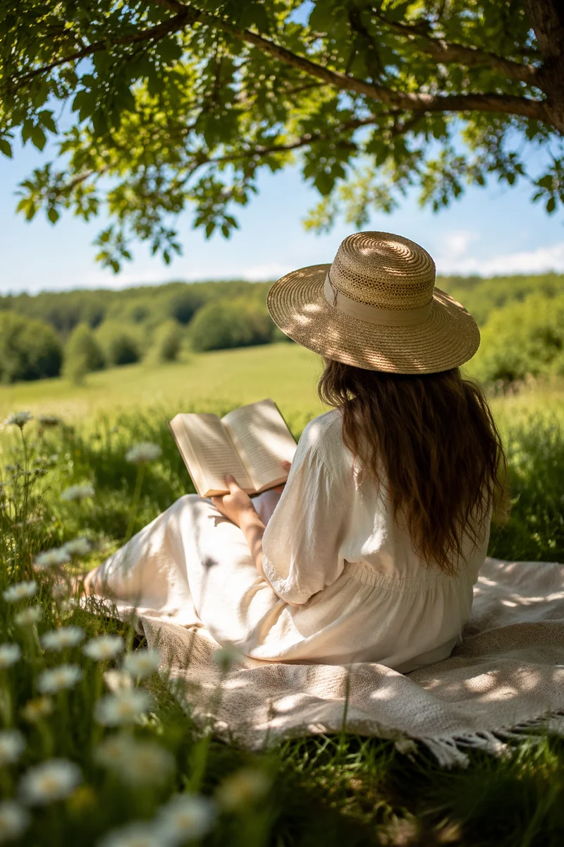 Woman Reading Beneath Summer Tree Shade