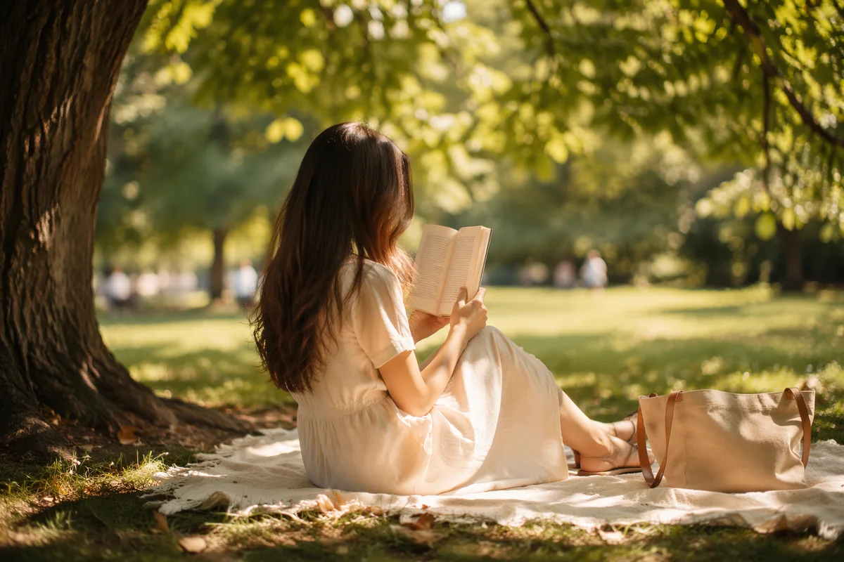 Woman Reading Under Tree Shade in Summer