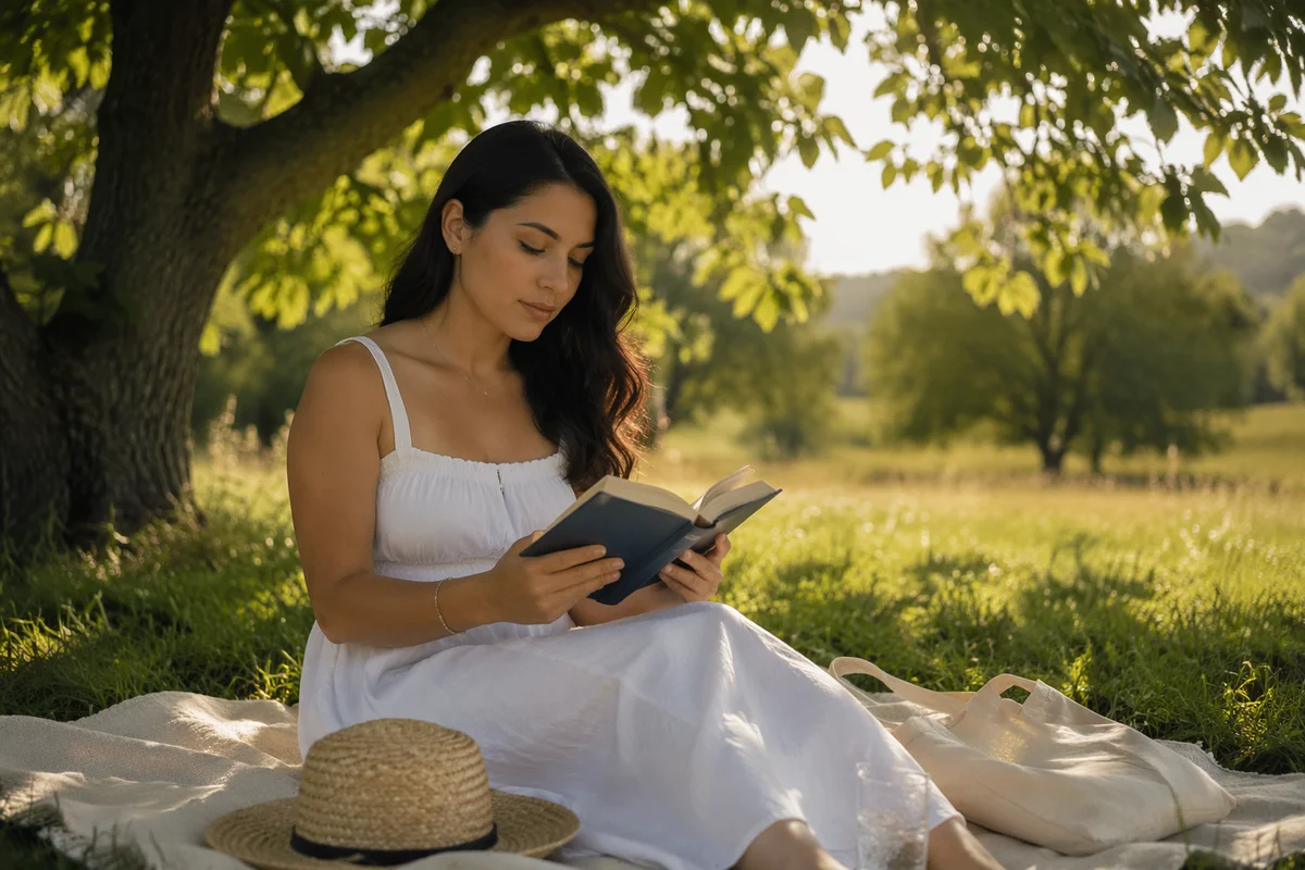 Young Woman Reading Under Summer Tree