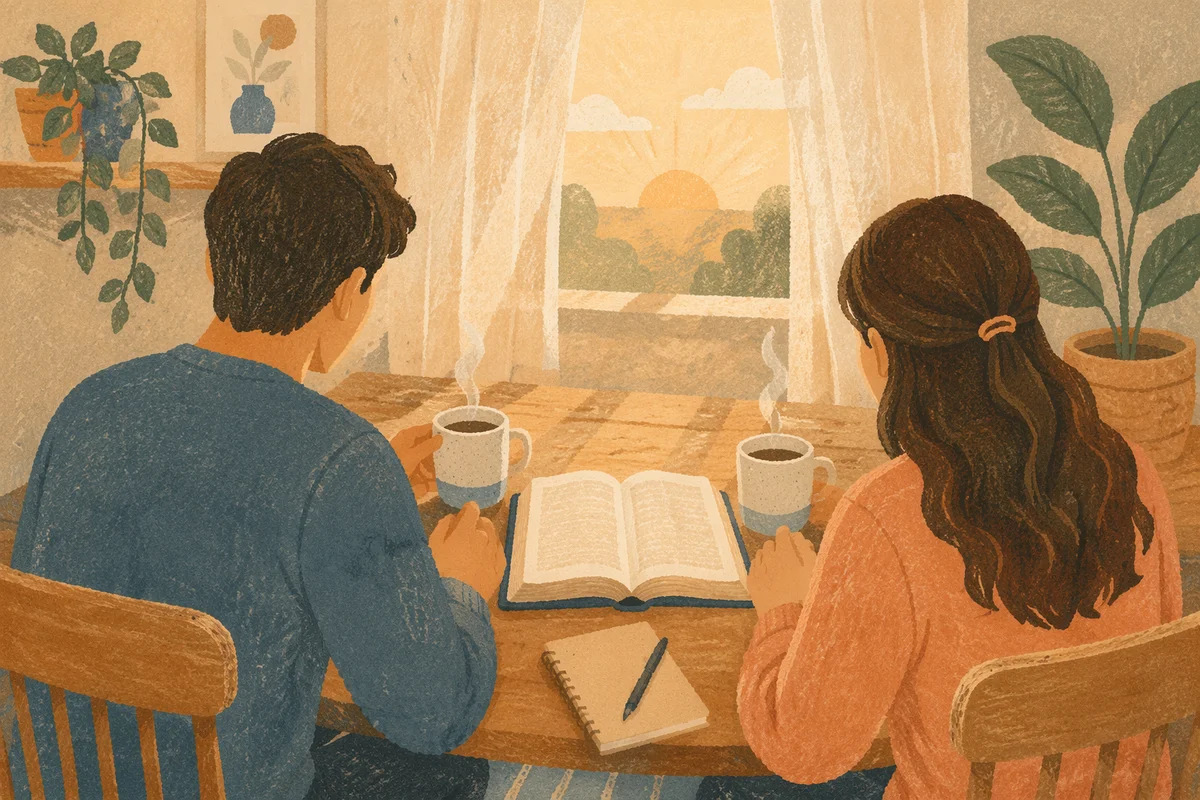 Couple Reading Bible Over Morning Coffee