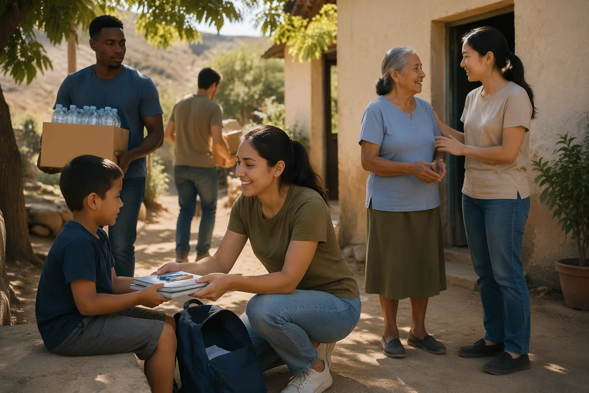 Young Volunteers Helping in Rural Courtyard