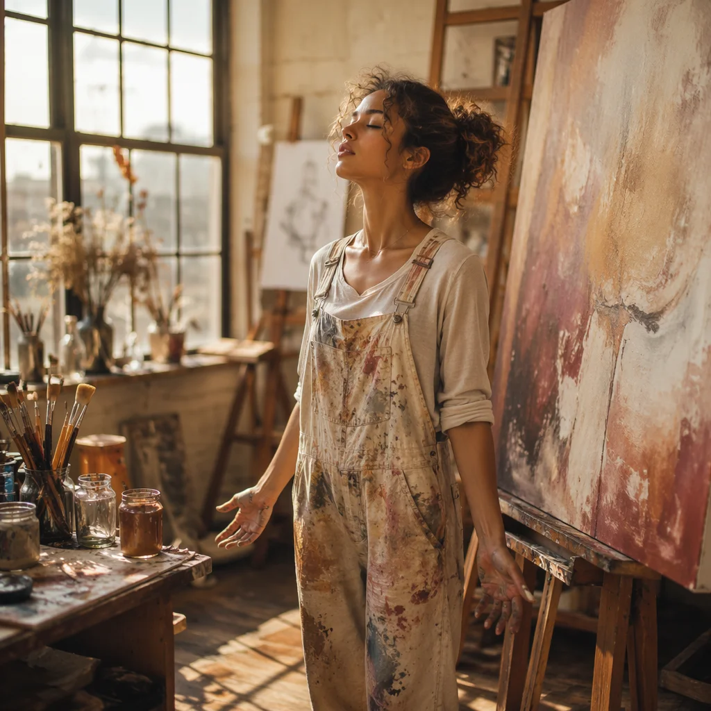 Young Woman Painting in Sunlit Studio