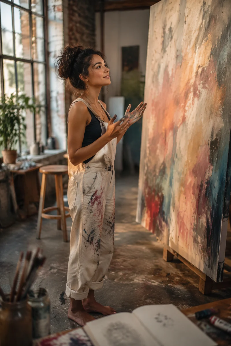 Young Woman Artist in Sunlit Loft Studio