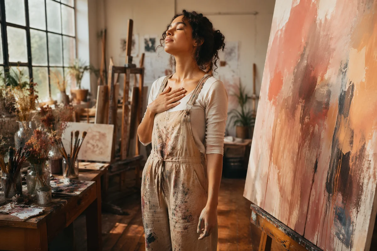 Young Woman Painting in Sunlit Studio