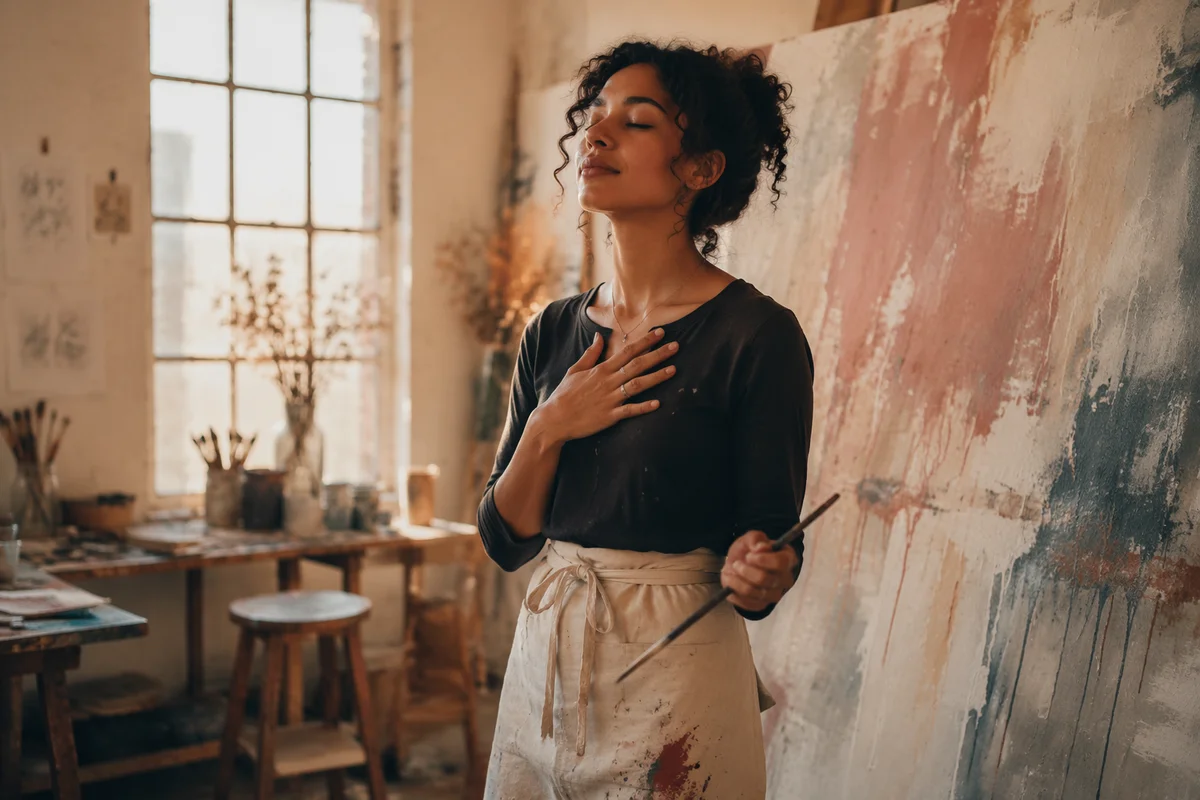 Young Woman Painting in Sunlit Loft Studio