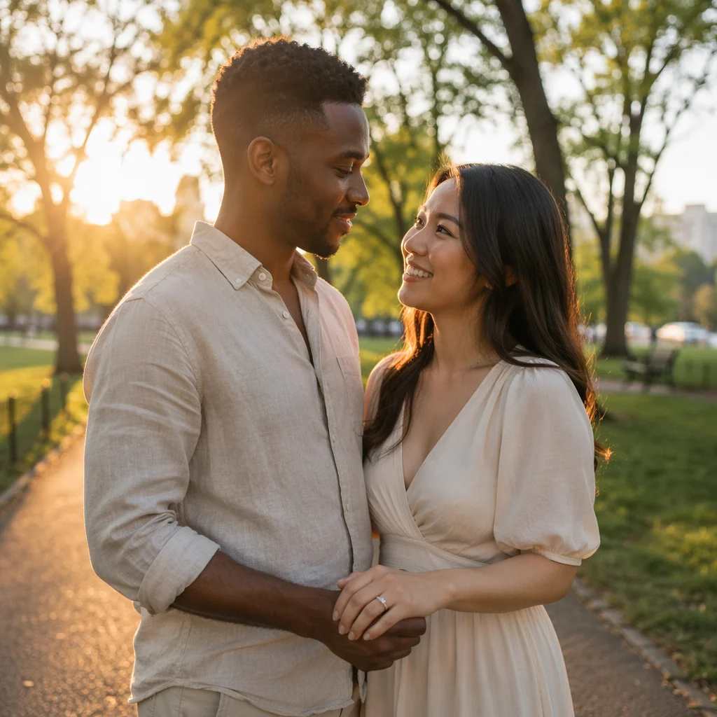 Young Couple Holding Hands in Sunset Park