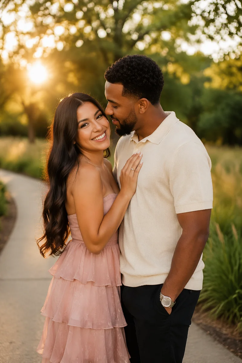 Young Couple on Park Path at Sunset