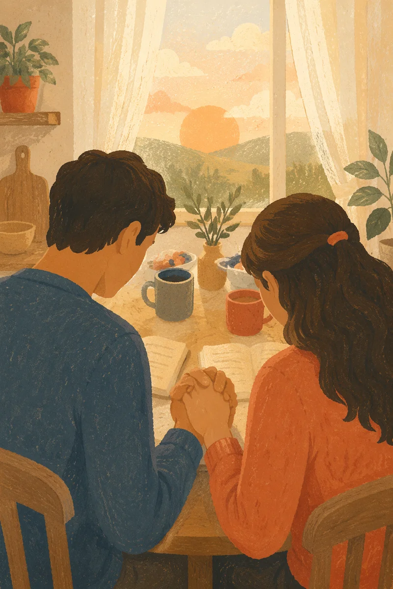 Young Couple Praying at Morning Table