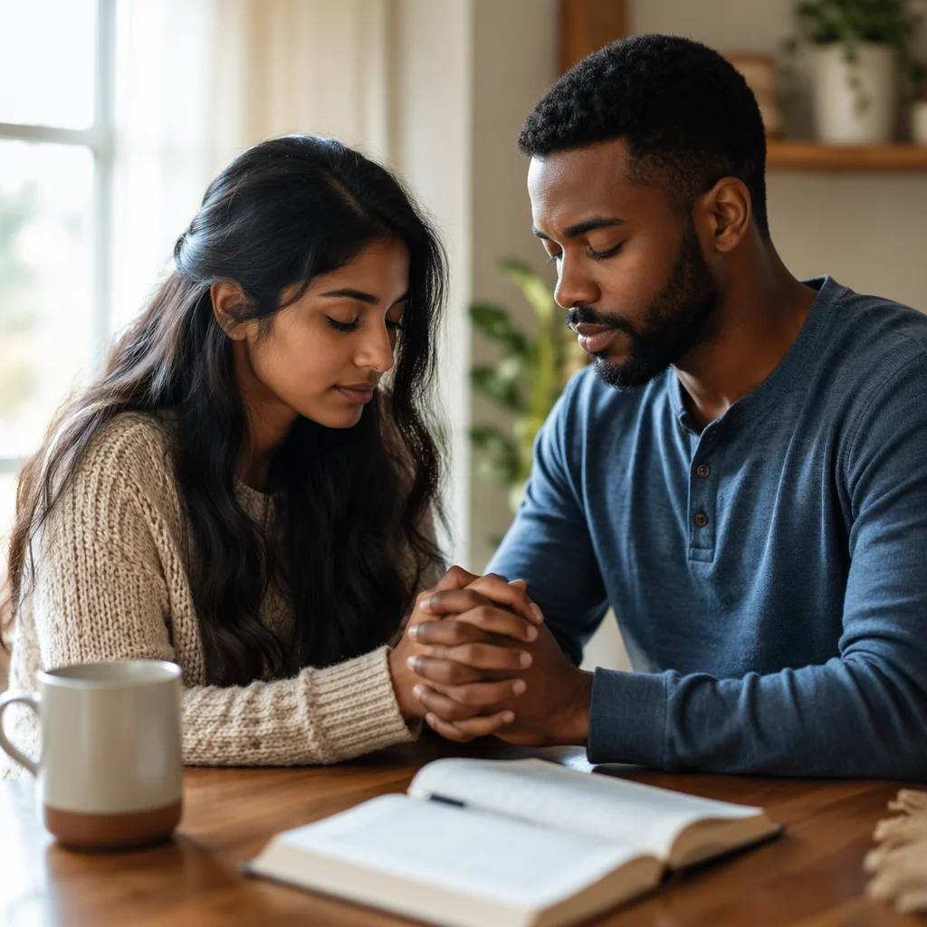 Young Interracial Couple Praying at Home