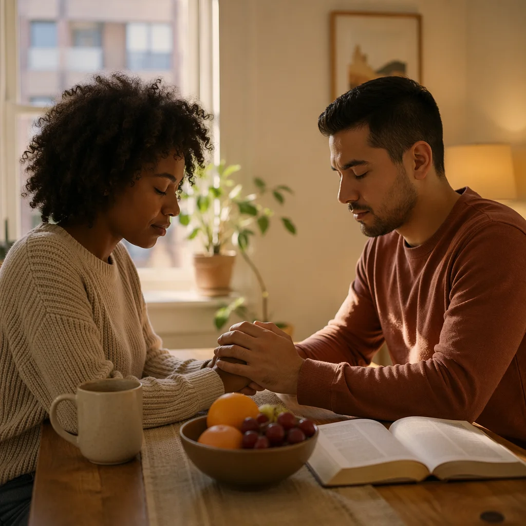 Young Couple Praying Together at Home