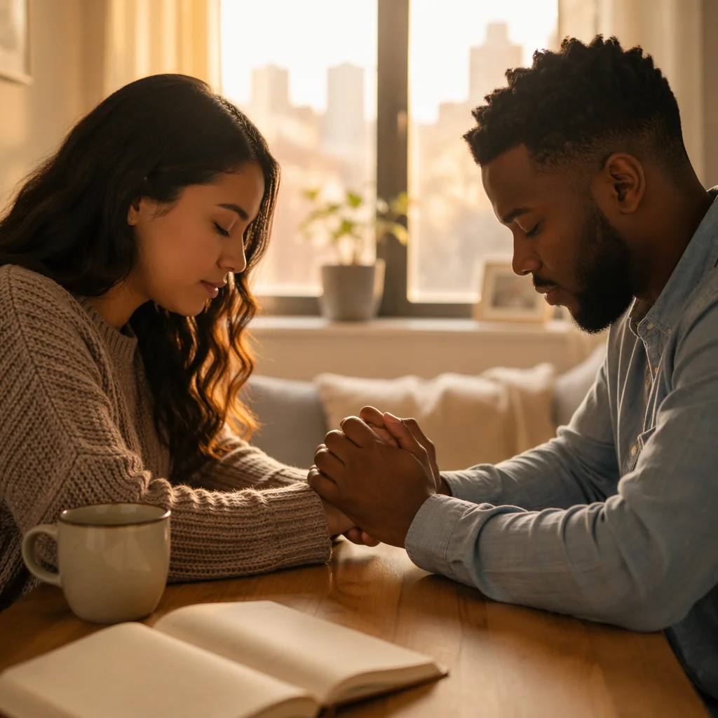 Young Couple Praying at Sunrise Table