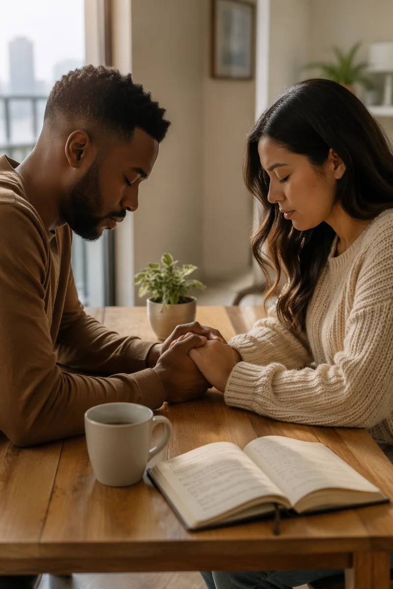 Young Couple Praying Together at Dawn