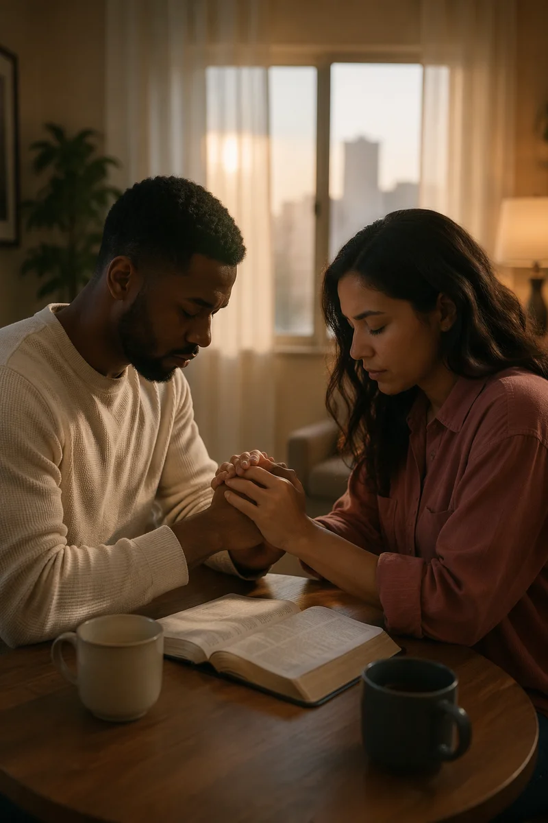 Young Interracial Couple Praying at Dawn
