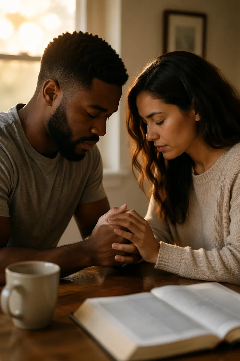 Young Couple Praying at Wooden Table