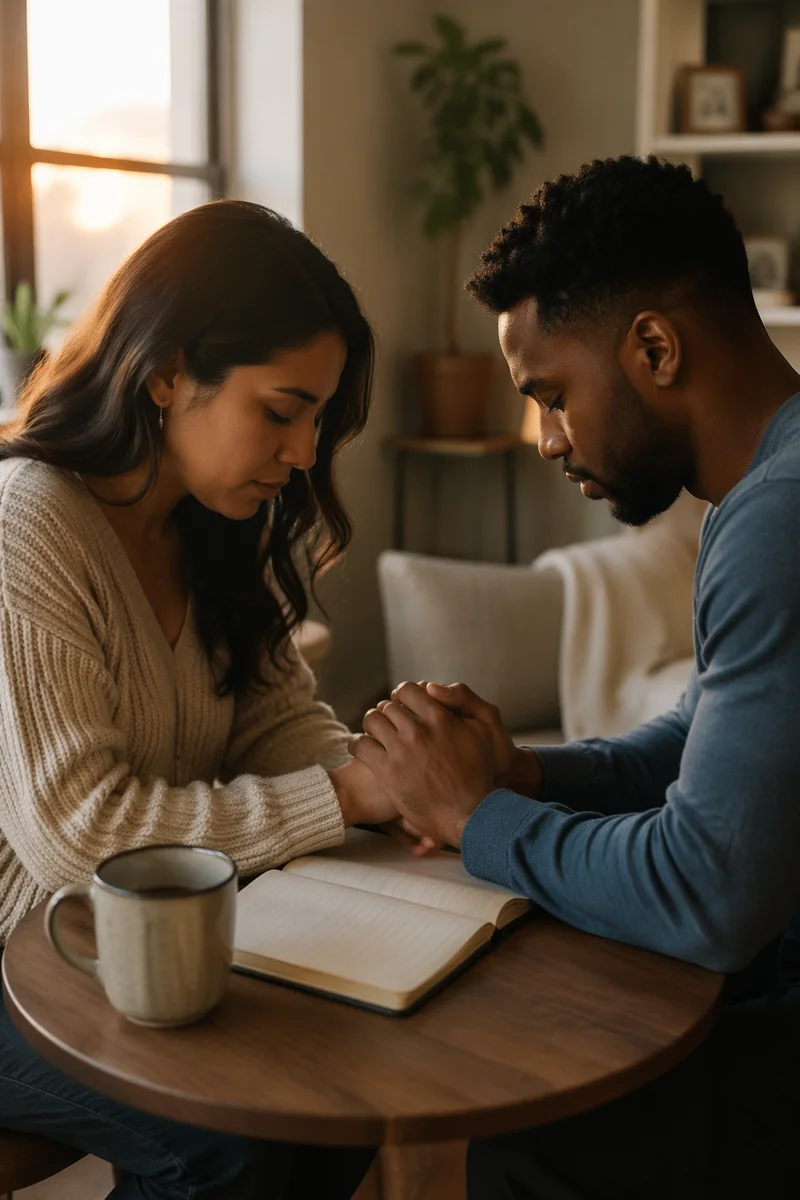 Young Interracial Couple Praying at Sunrise