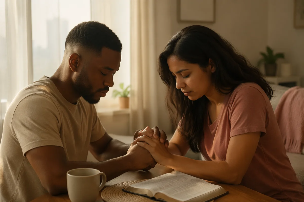 Young Couple Praying at Wooden Table