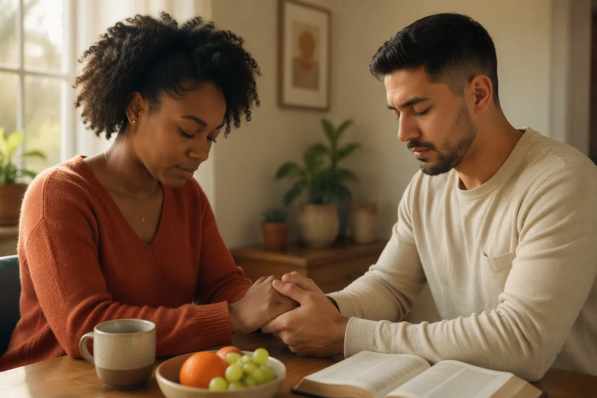 Young Couple Praying at Wooden Table
