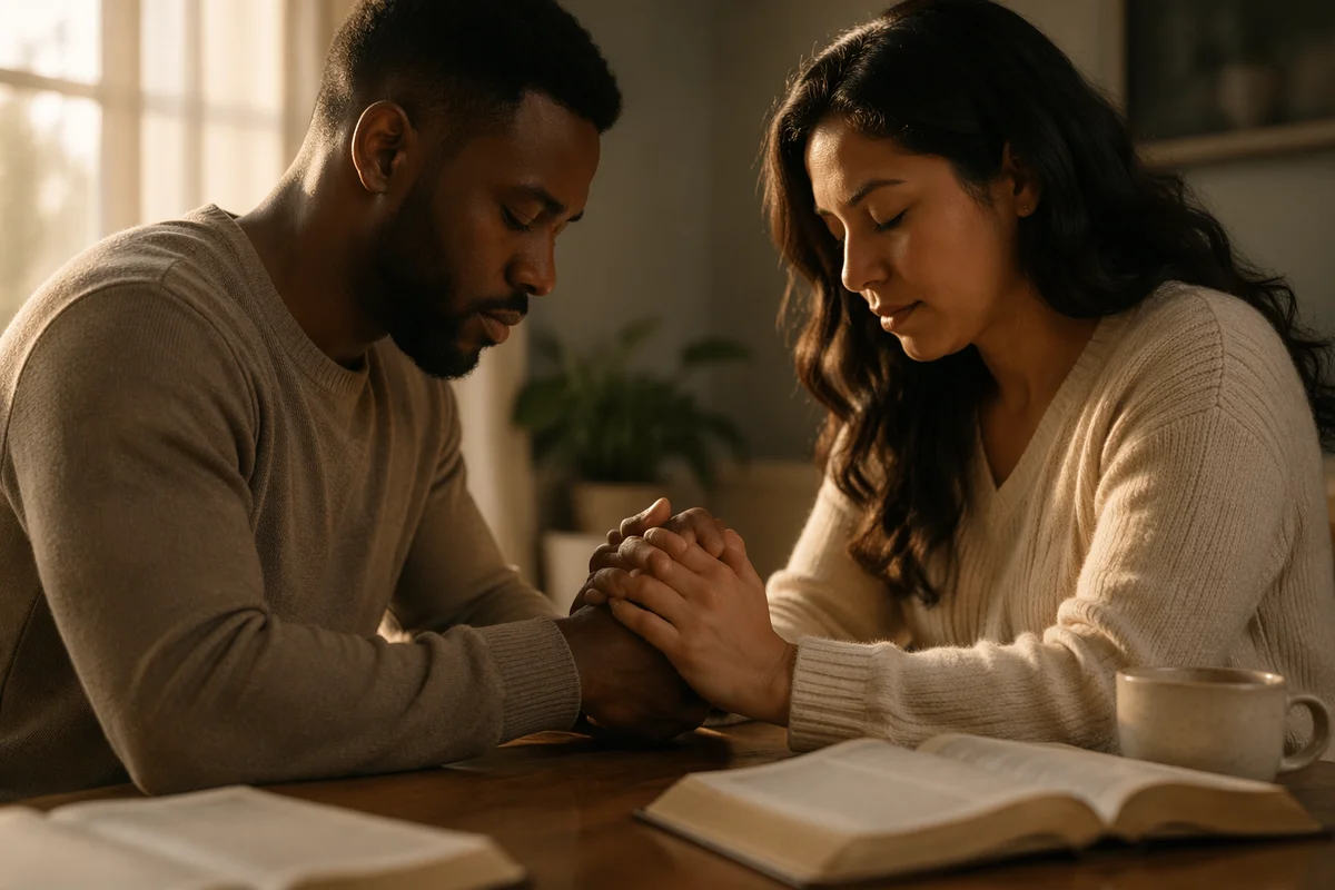 Young Couple Praying Together at Table