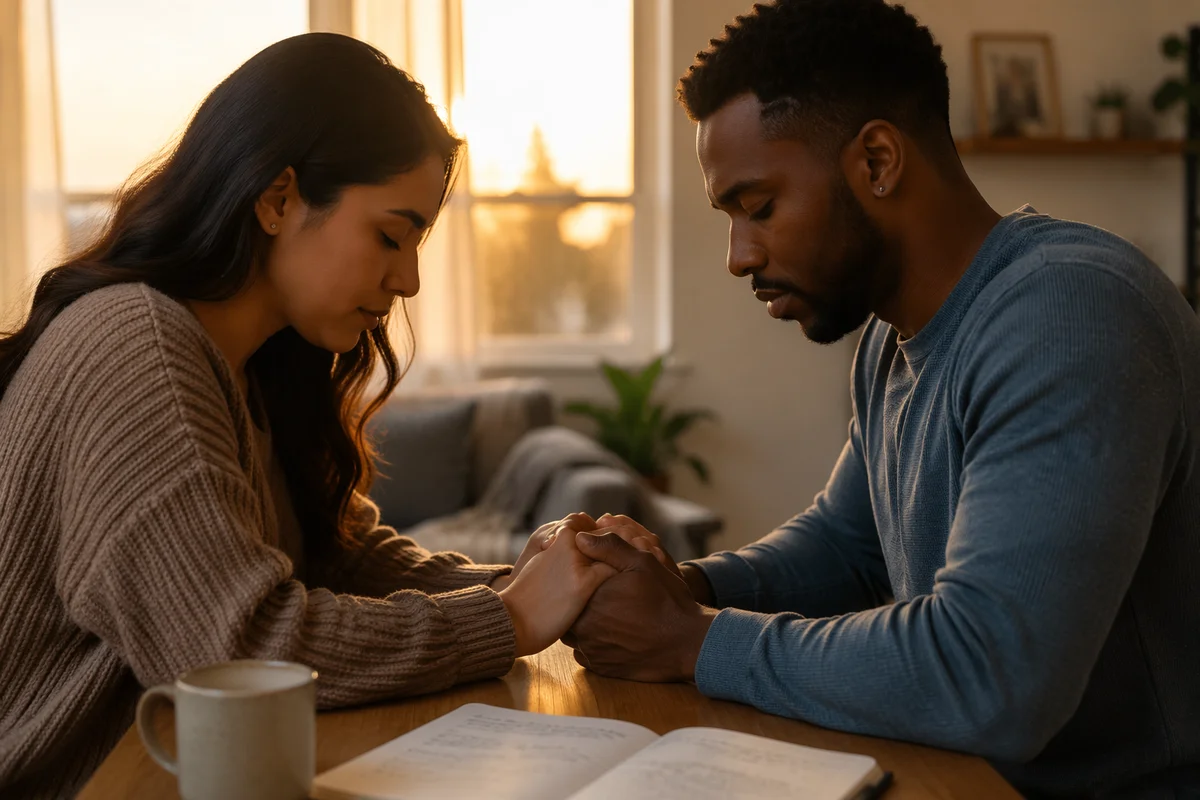 Young Couple Praying at Sunrise Table