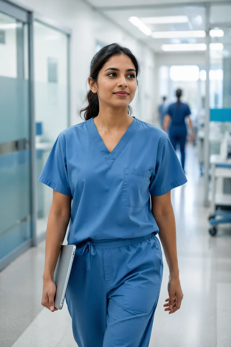 Young Doctor Walking in Hospital Corridor
