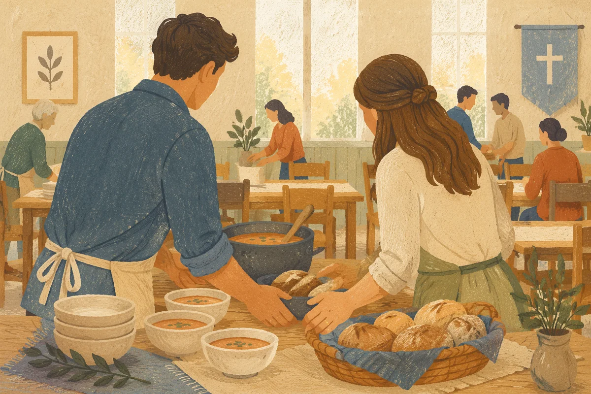 Young Married Couple Serving Church Meal
