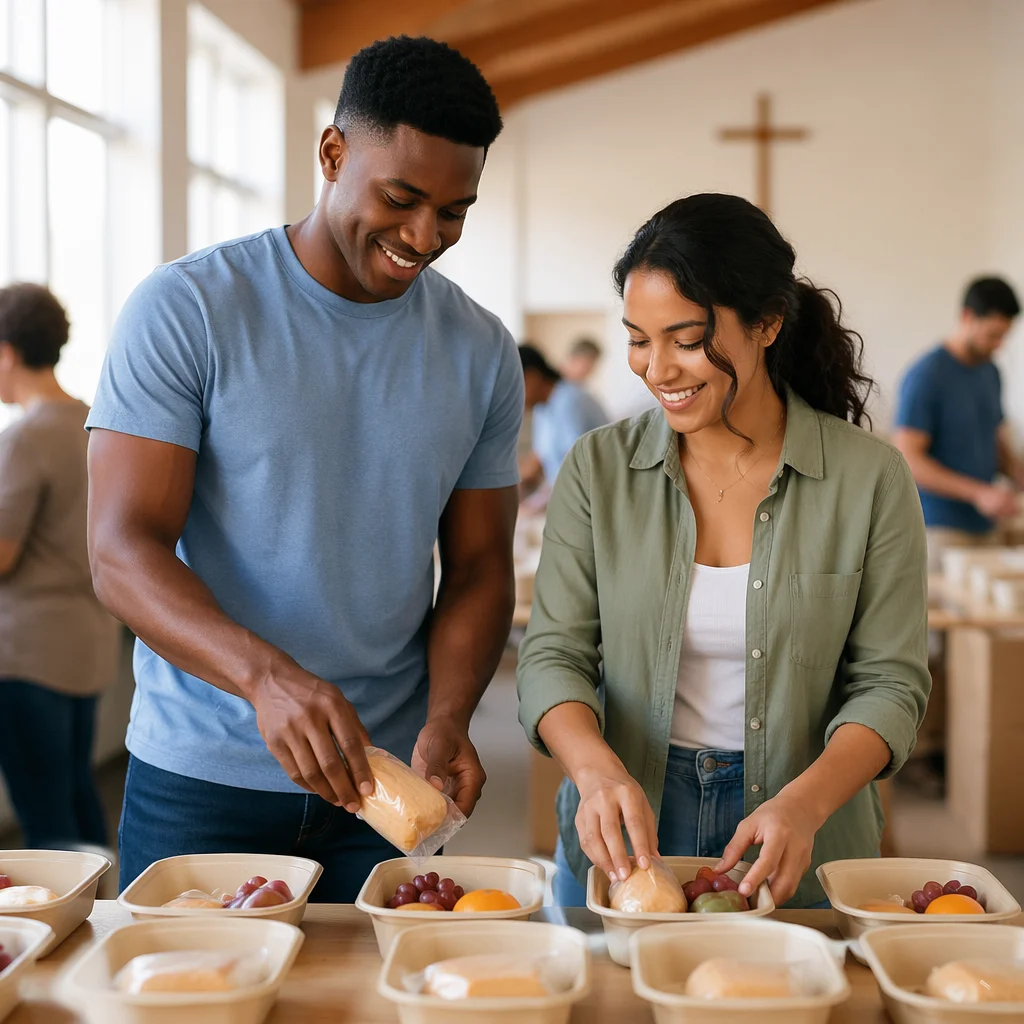 Young Couple Preparing Meal Boxes Together