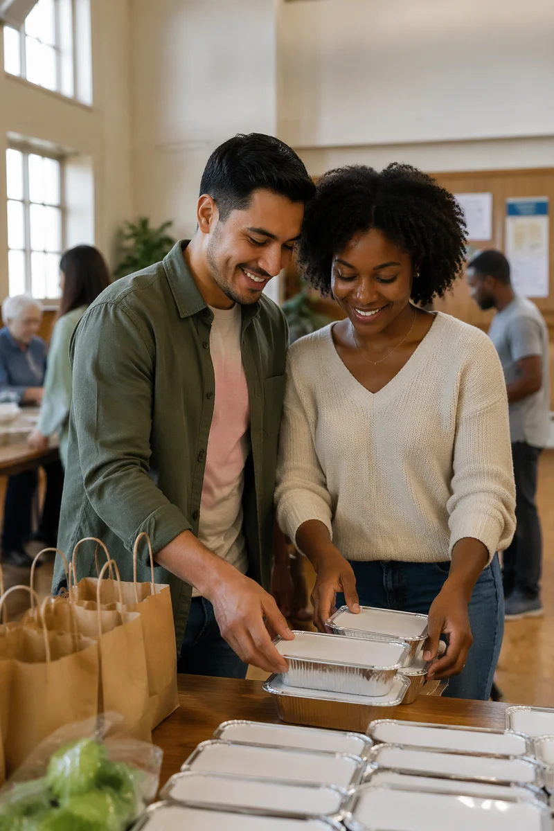 Young Couple Arranging Donated Meals Indoors