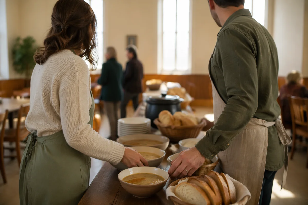 Young Married Couple Serving Church Meal