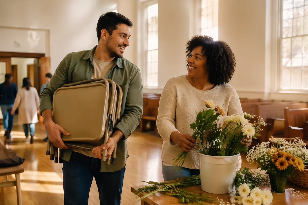 Young Couple Volunteering in Church Hall