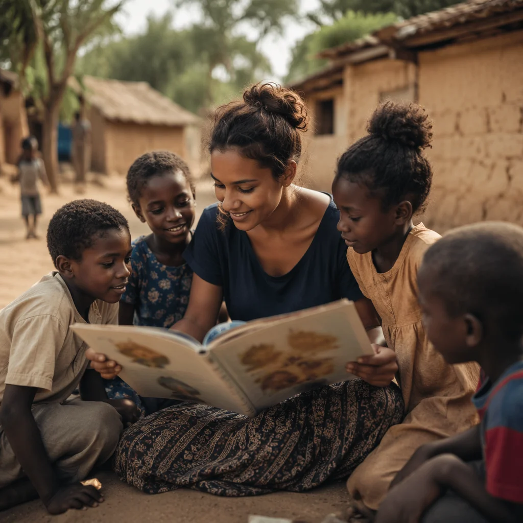 Young Woman Reading With Village Children