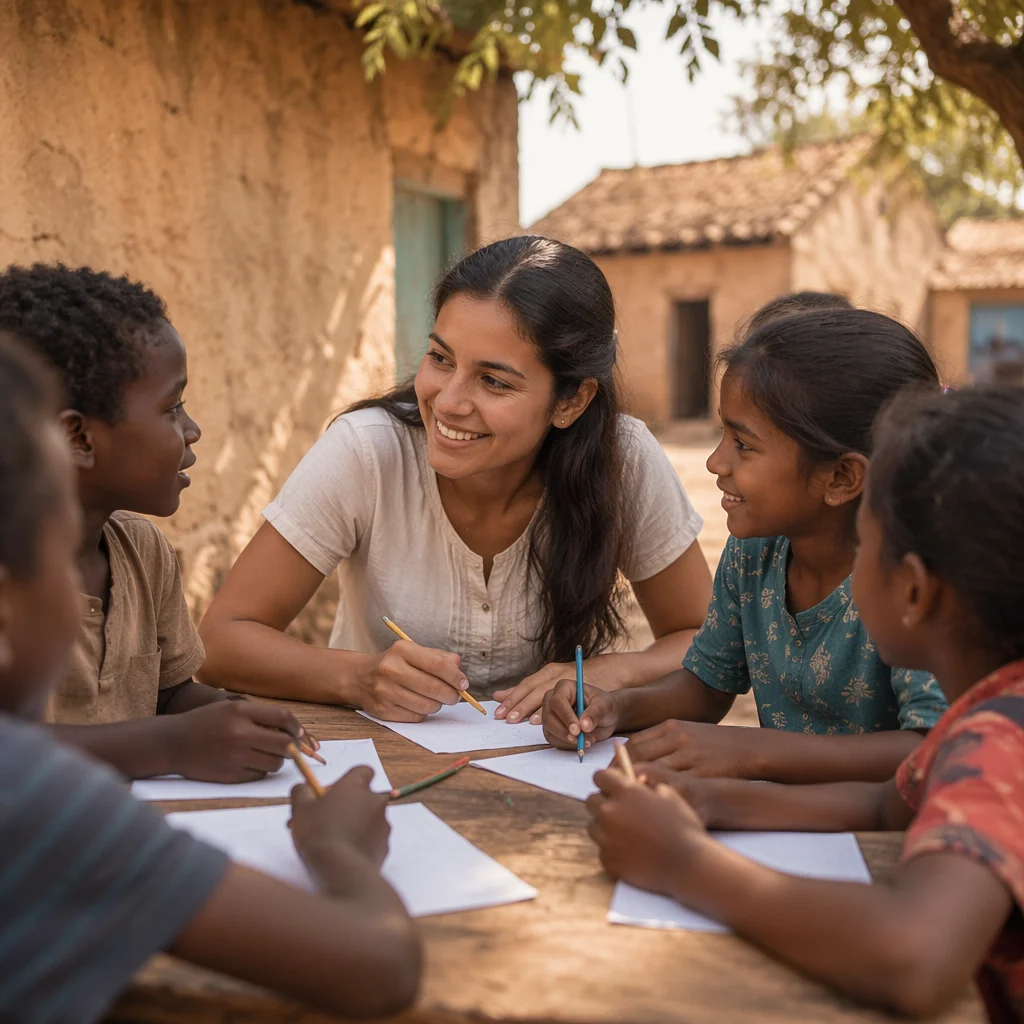 Young Woman Drawing With Village Children