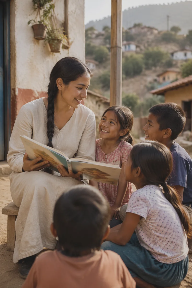 Young Woman Reading with Village Children