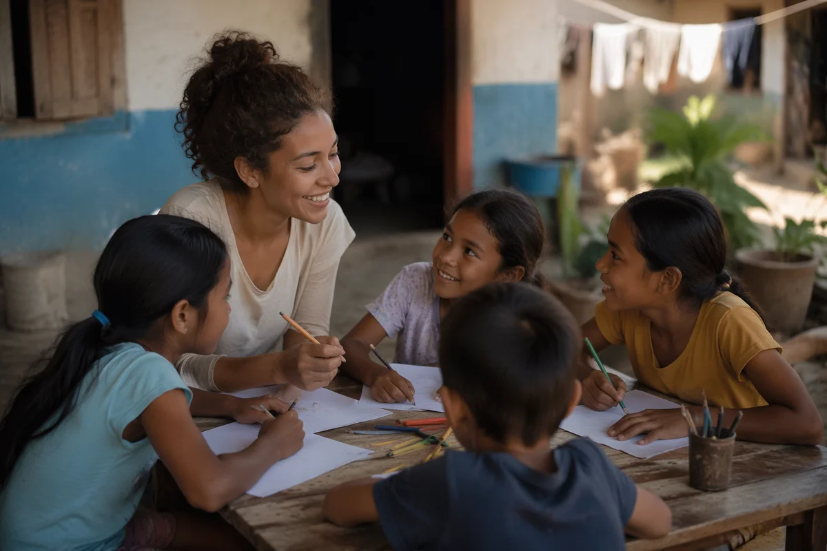 Woman Drawing With Children in Courtyard
