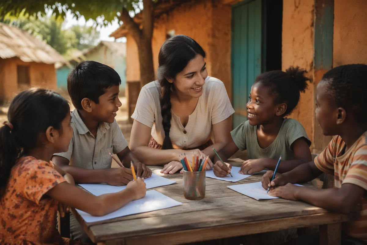Woman Drawing with Children in Village