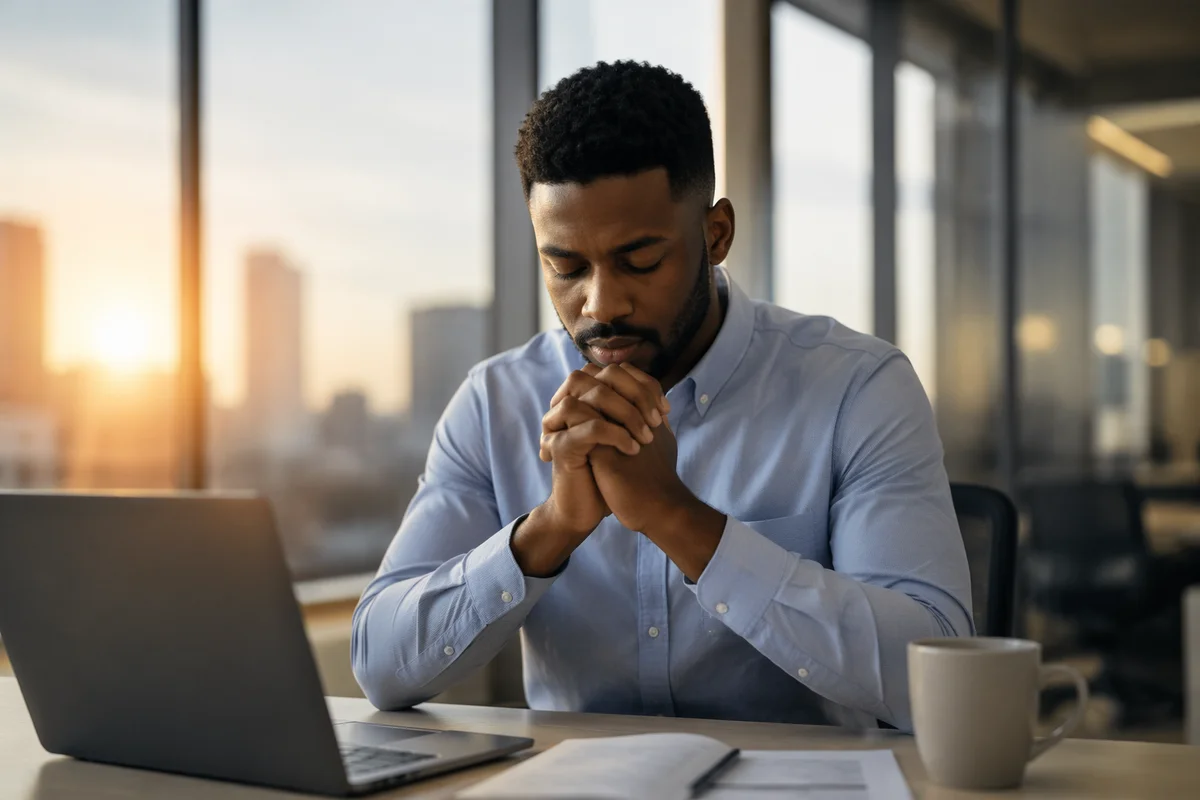 Young Man Praying at Office Desk