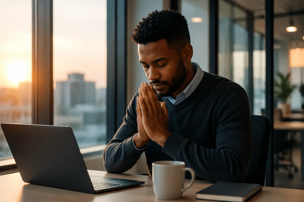 Young Man Praying in Modern Office