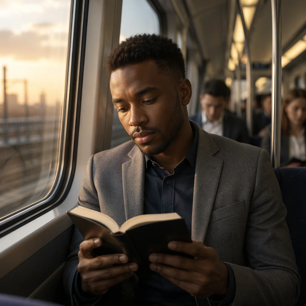 Young Professional Reading on Morning Train