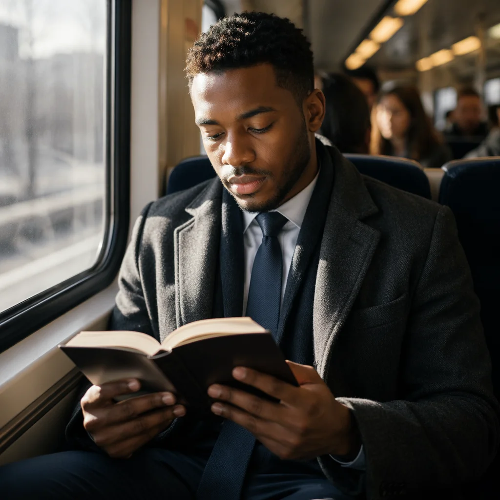 Young Professional Reading Bible on Train