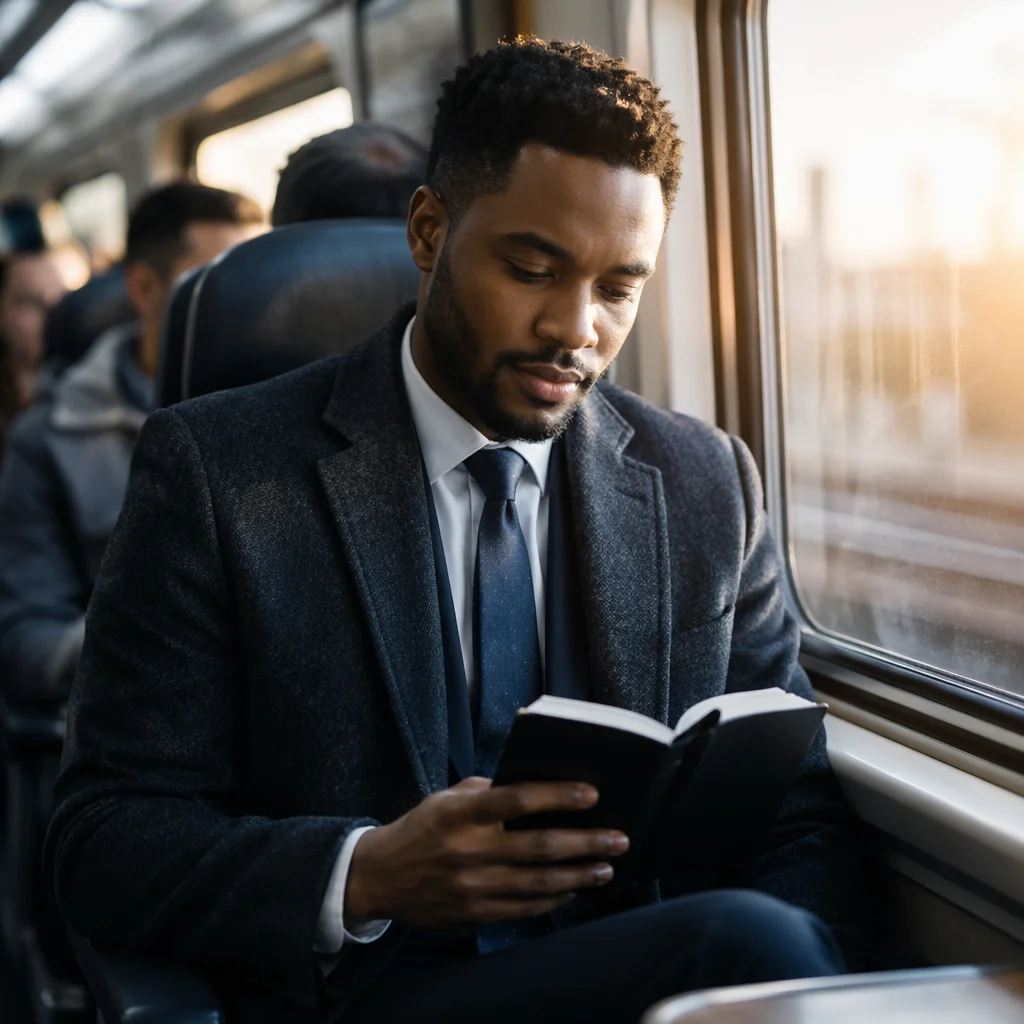 Young Professional Reading on Commuter Train