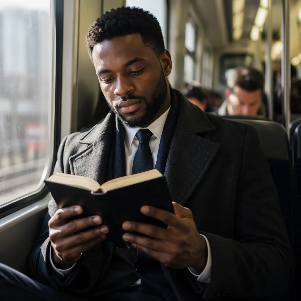 Young Professional Reading Bible on Train