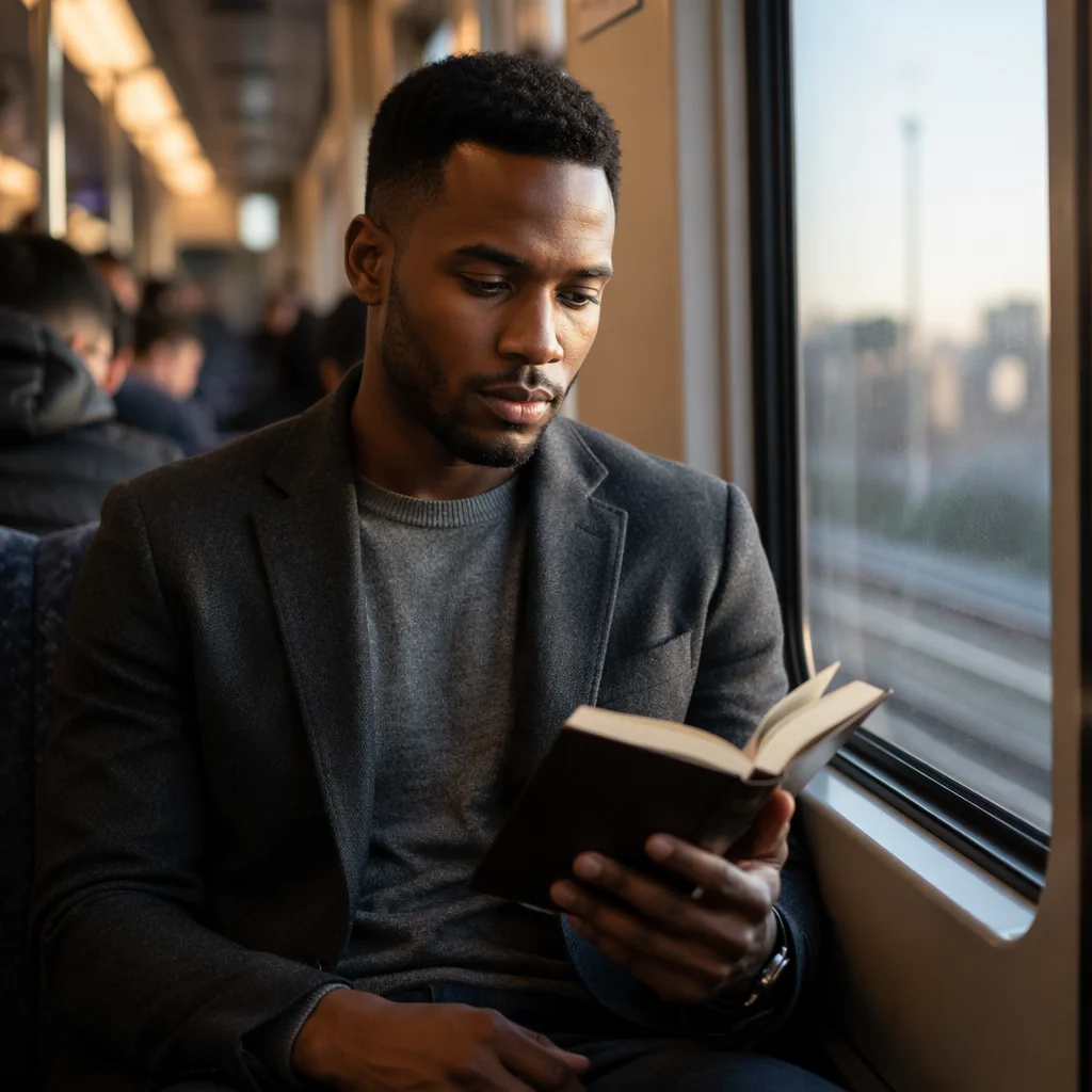 Young Man Reading Bible on Train