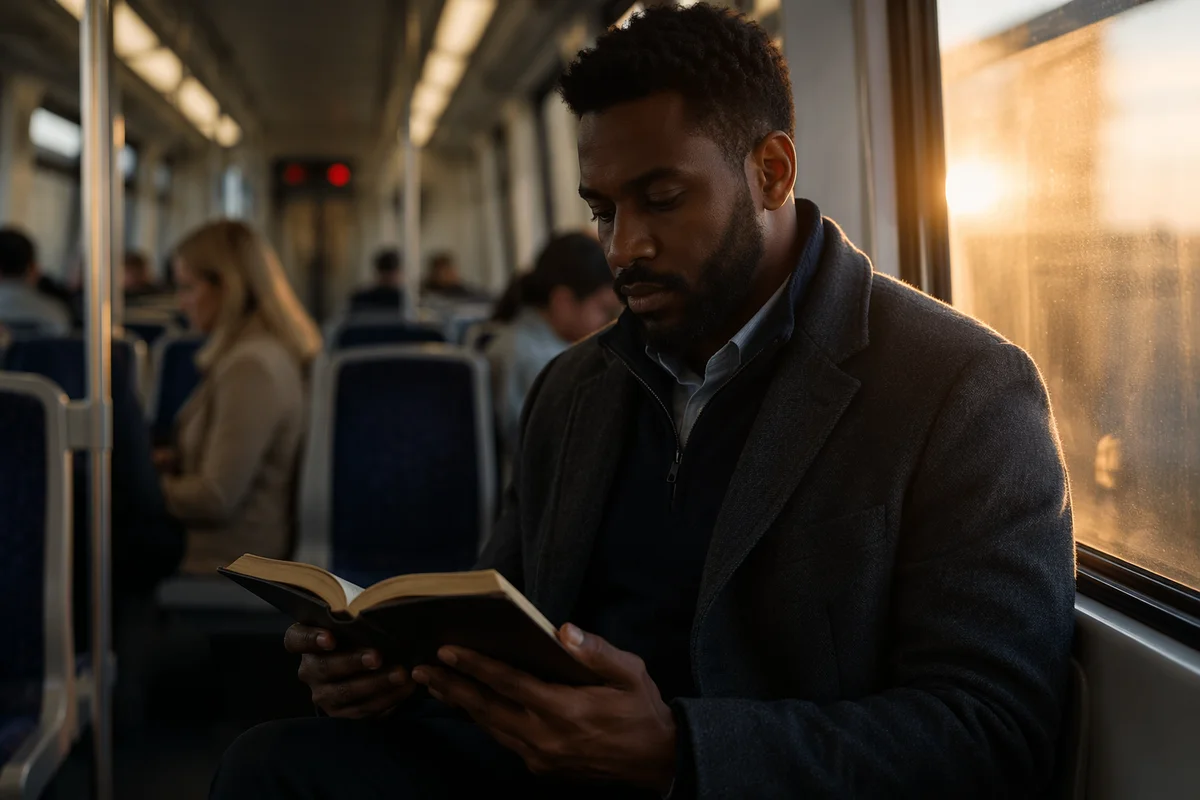 Young Man Reading on Morning Train