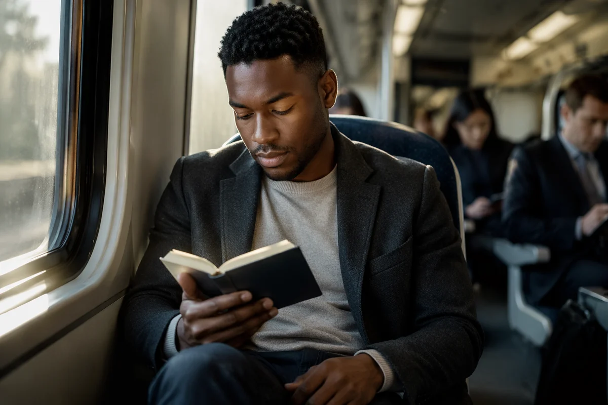 Young Man Reading Bible on Train